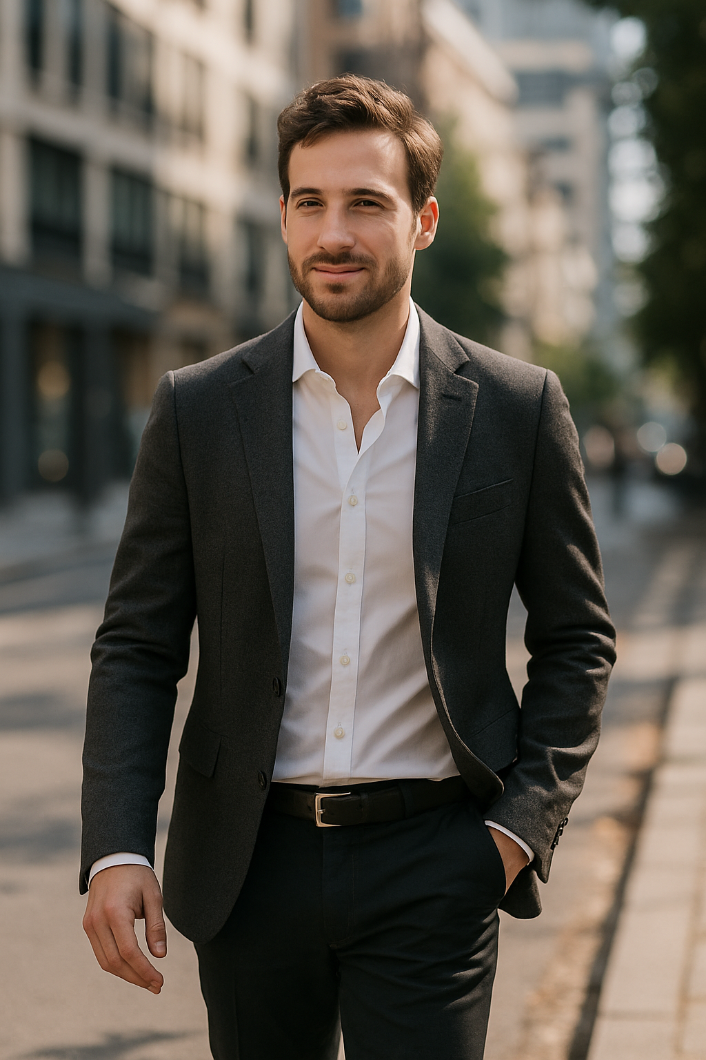 A man in a chic blazer and crisp white shirt walking down a city street.