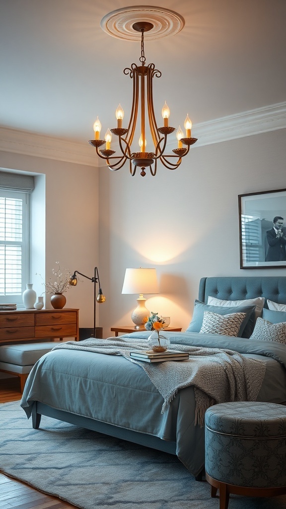 A stylish blue and cream bedroom featuring a chandelier and bedside lamp.