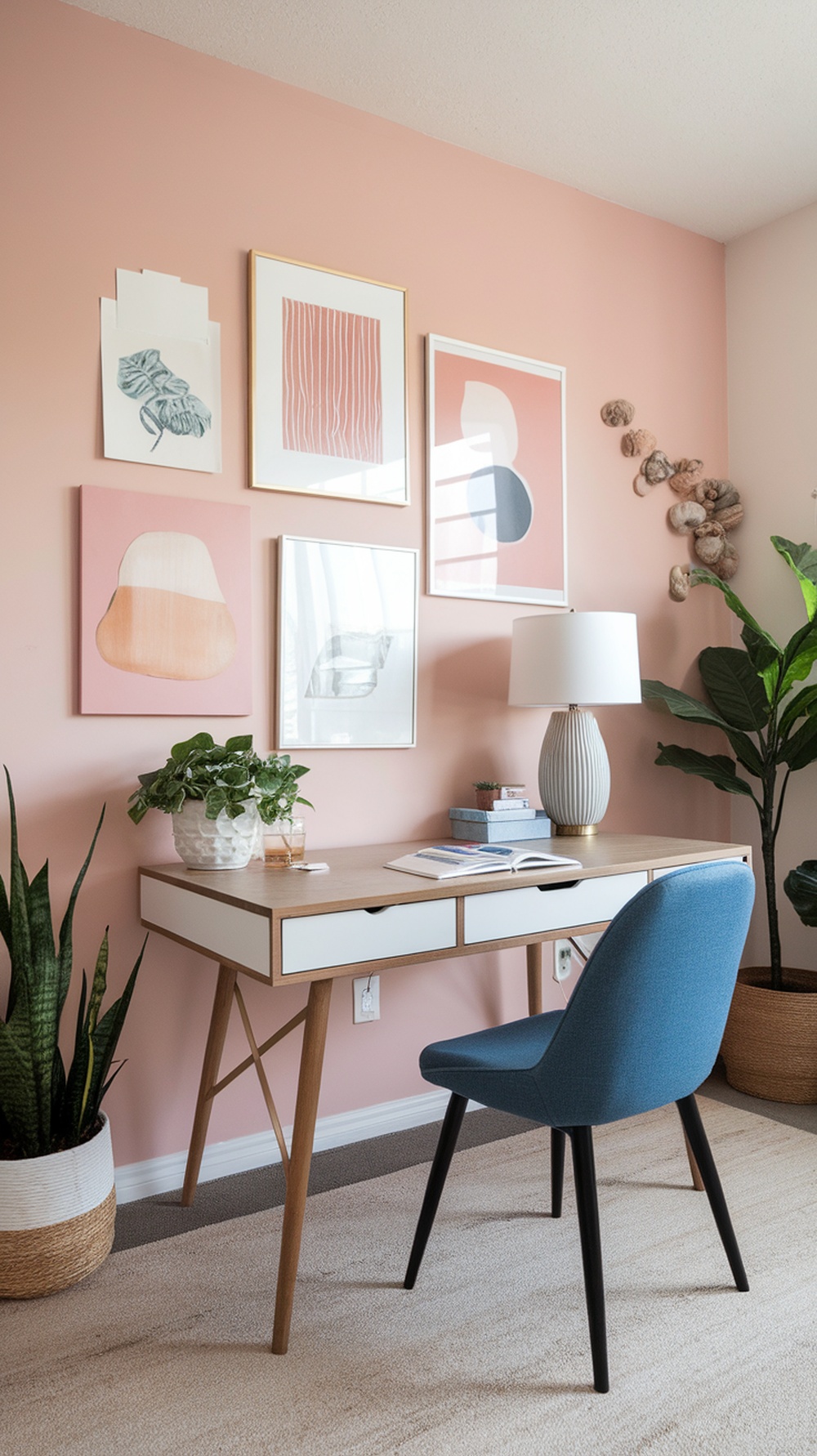 A stylish office with a blush pink accent wall, featuring artwork, a desk, and plants.