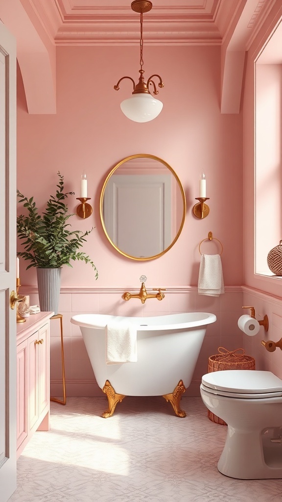 A chic bathroom featuring blush pink walls, gold accents, a freestanding tub, and a potted plant.