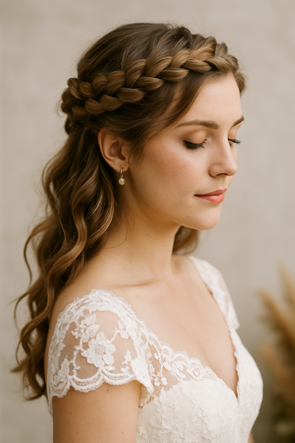 A bride with a chic braided crown hairstyle, featuring soft waves and pearl earrings.