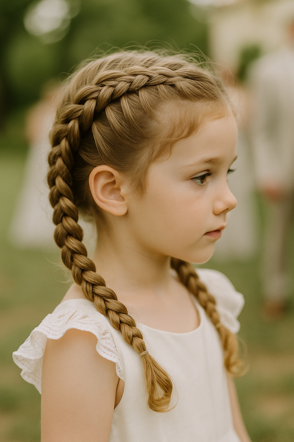 A young girl with braided pigtails, wearing a white dress with lace sleeves.