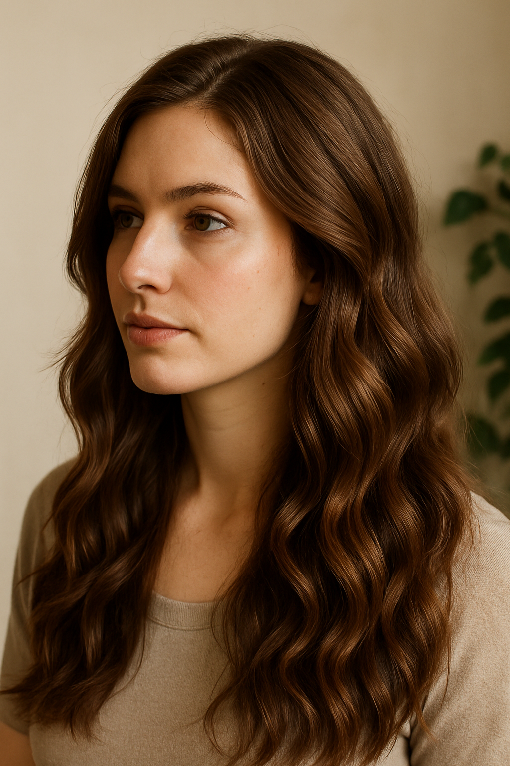A woman with soft waves in her hair, showcasing a chic hairstyle suitable for a wedding guest.