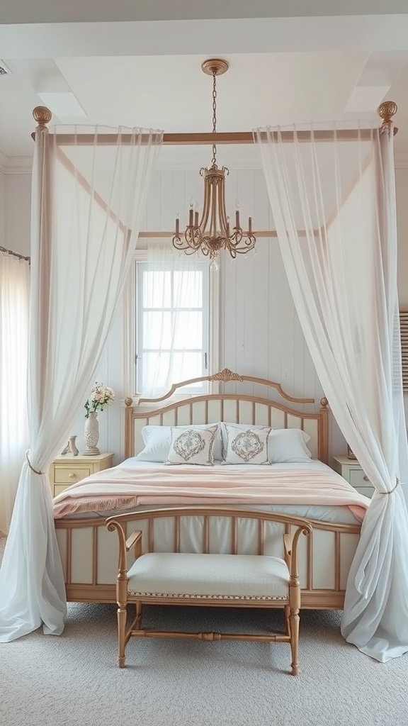 A chic canopy bed in a romantic cottage bedroom with soft drapes and a chandelier.