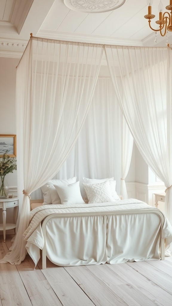 A chic canopy bed with soft drapes and elegant decor in a romantic bedroom setting.