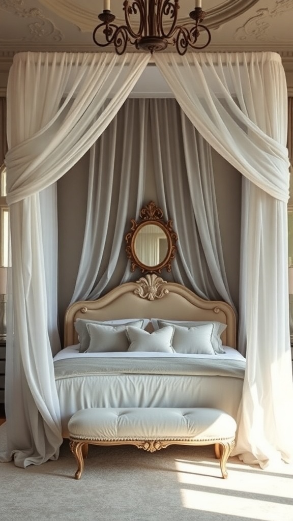 A chic canopy bed with soft drapes, elegant frame, and plush bedding in a romantic French bedroom.
