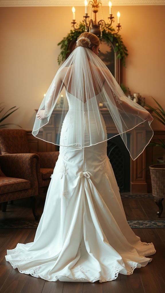 Bride in a winter wedding dress with a veil, showcasing a chic and elegant look.
