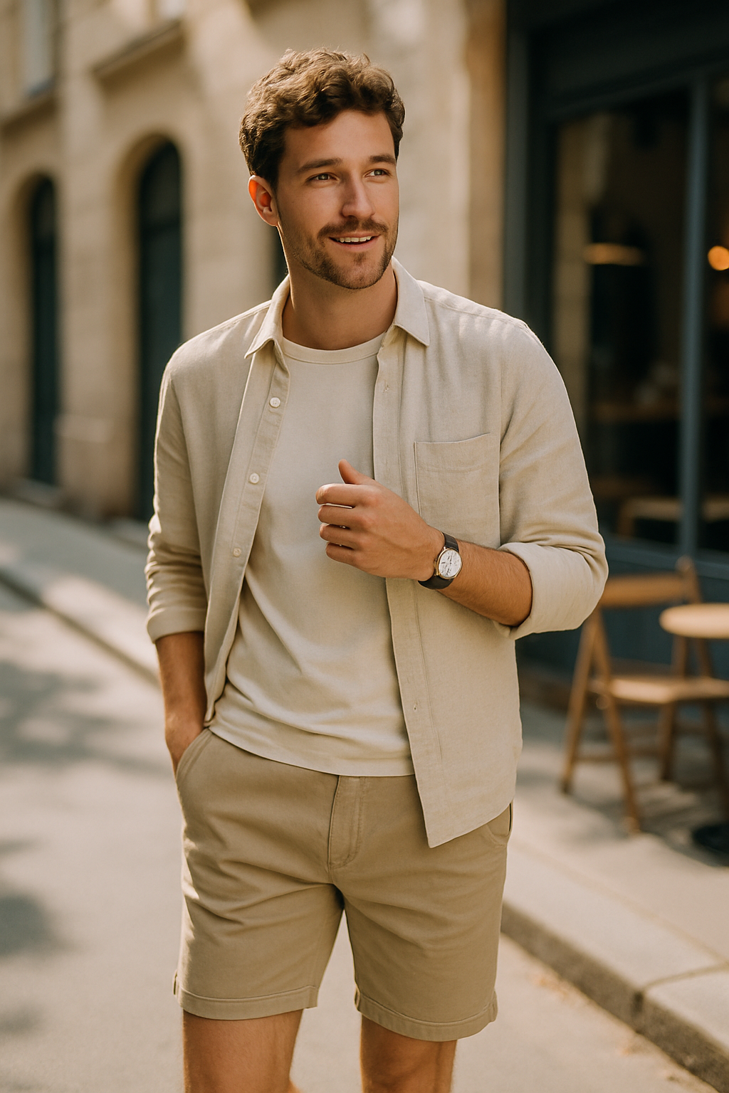 A man wearing beige chino shorts, a light shirt, and a t-shirt, smiling on a sunny street.