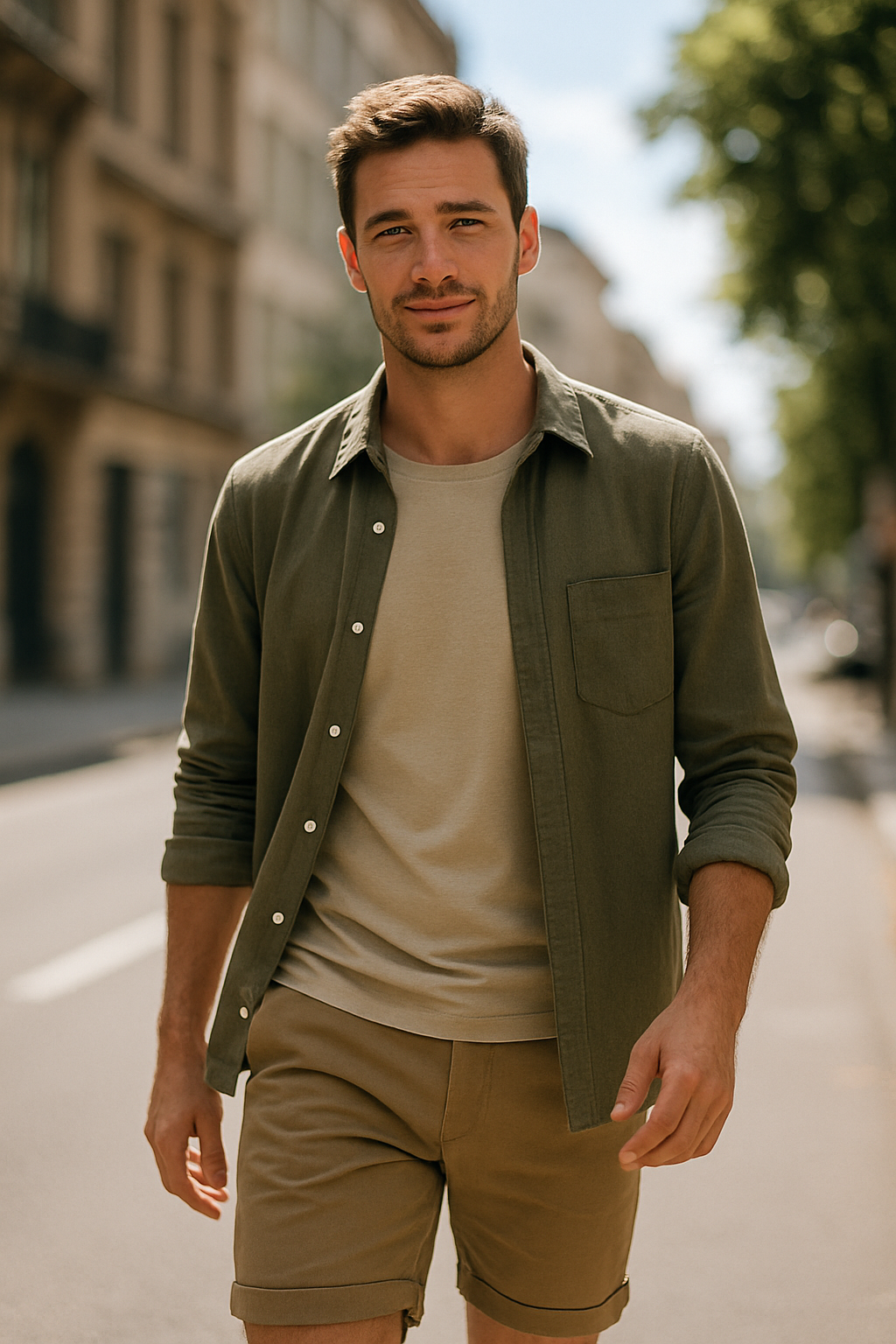 A man walking in chic chino shorts and a stylish shirt.