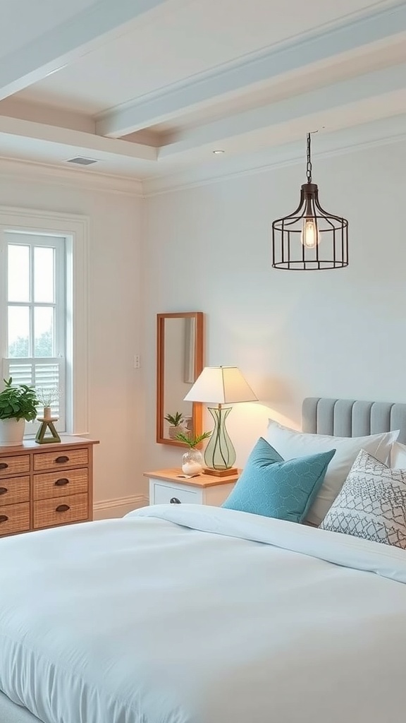 A chic coastal teen bedroom featuring stylish lighting fixtures.