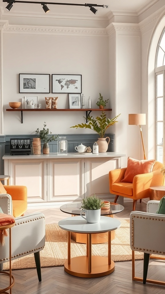 A stylish coffee bar setup with orange chairs, a sleek countertop, and decorative plants.