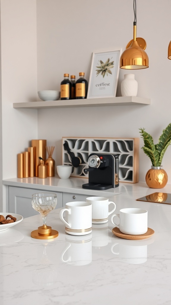 Chic coffee bar with gold accents, featuring white mugs, decorative bottles, and a stylish glass on a marble countertop.