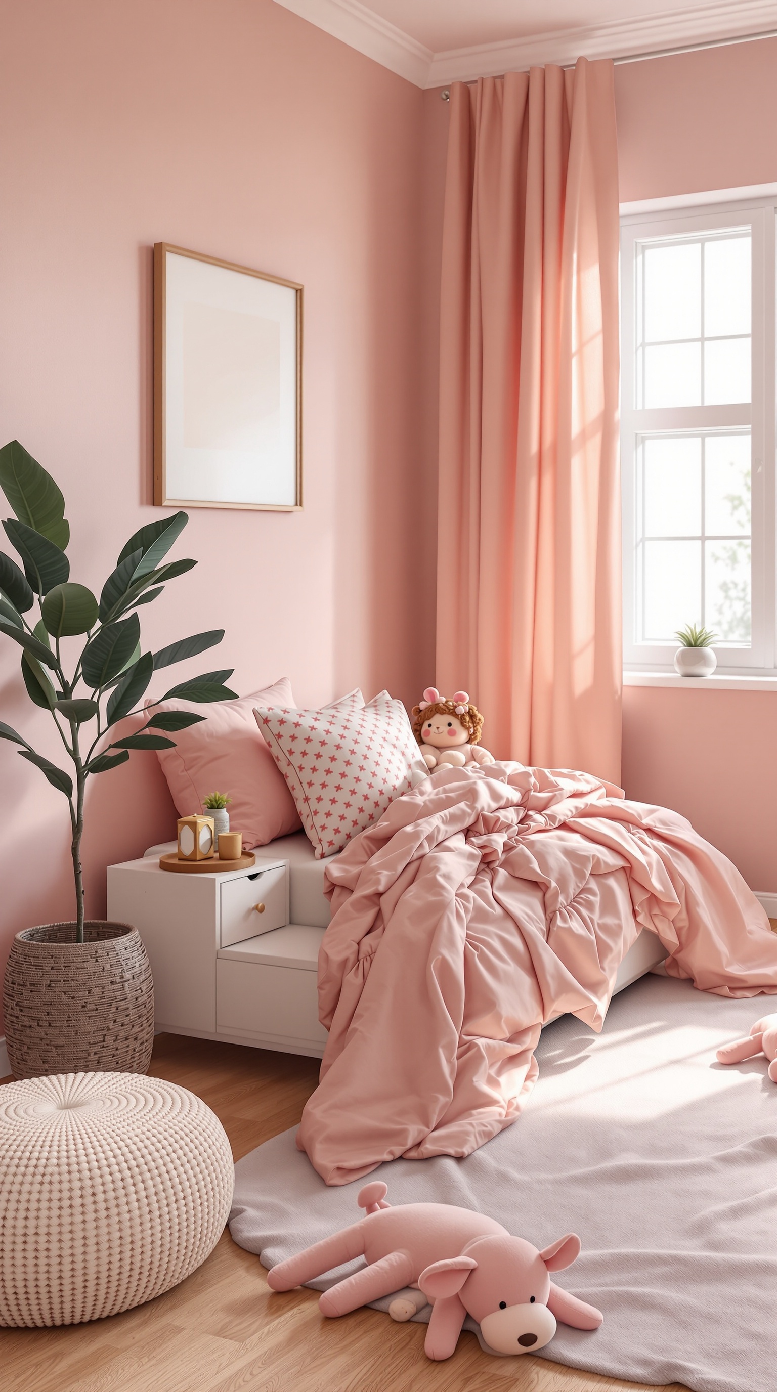 A chic kids bedroom featuring soft pink walls, matching curtains, and playful bedding.