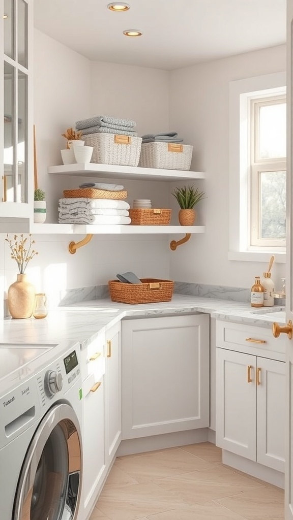 A bright and stylish laundry room featuring a marble countertop, open shelves with neatly folded towels, and decorative baskets.