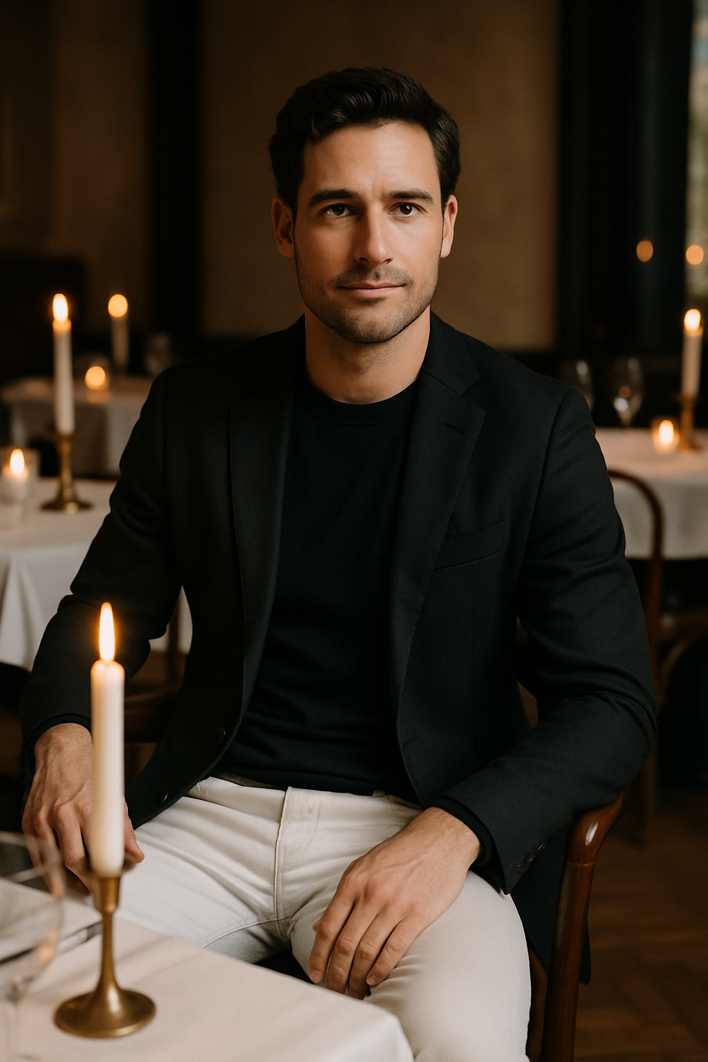 A man wearing a black blazer and black tee with white jeans, seated at a candlelit table.