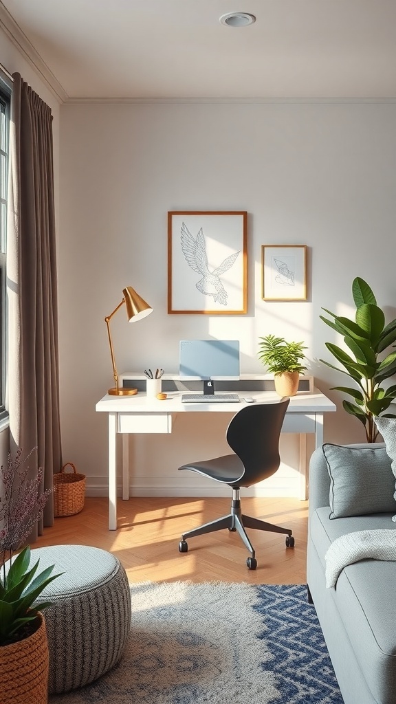 A chic and organized desk space with a white desk, modern chair, and decorative plants.