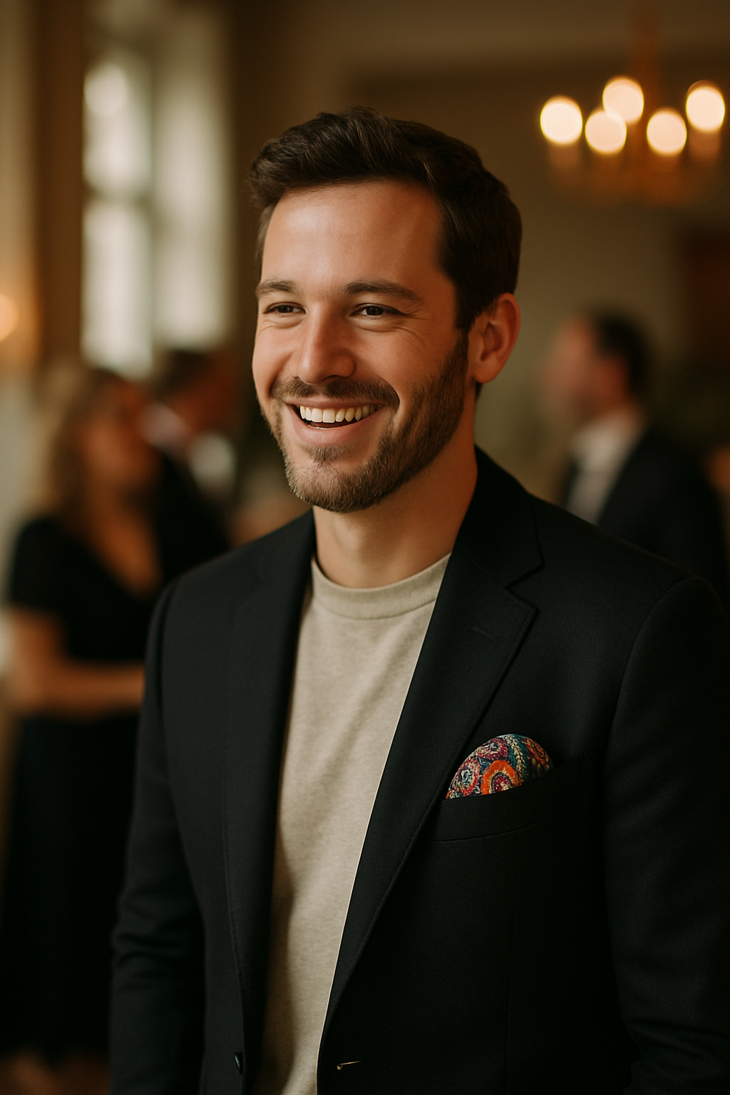 A man smiling in a black blazer with a colorful pocket square, wearing a casual gray shirt.
