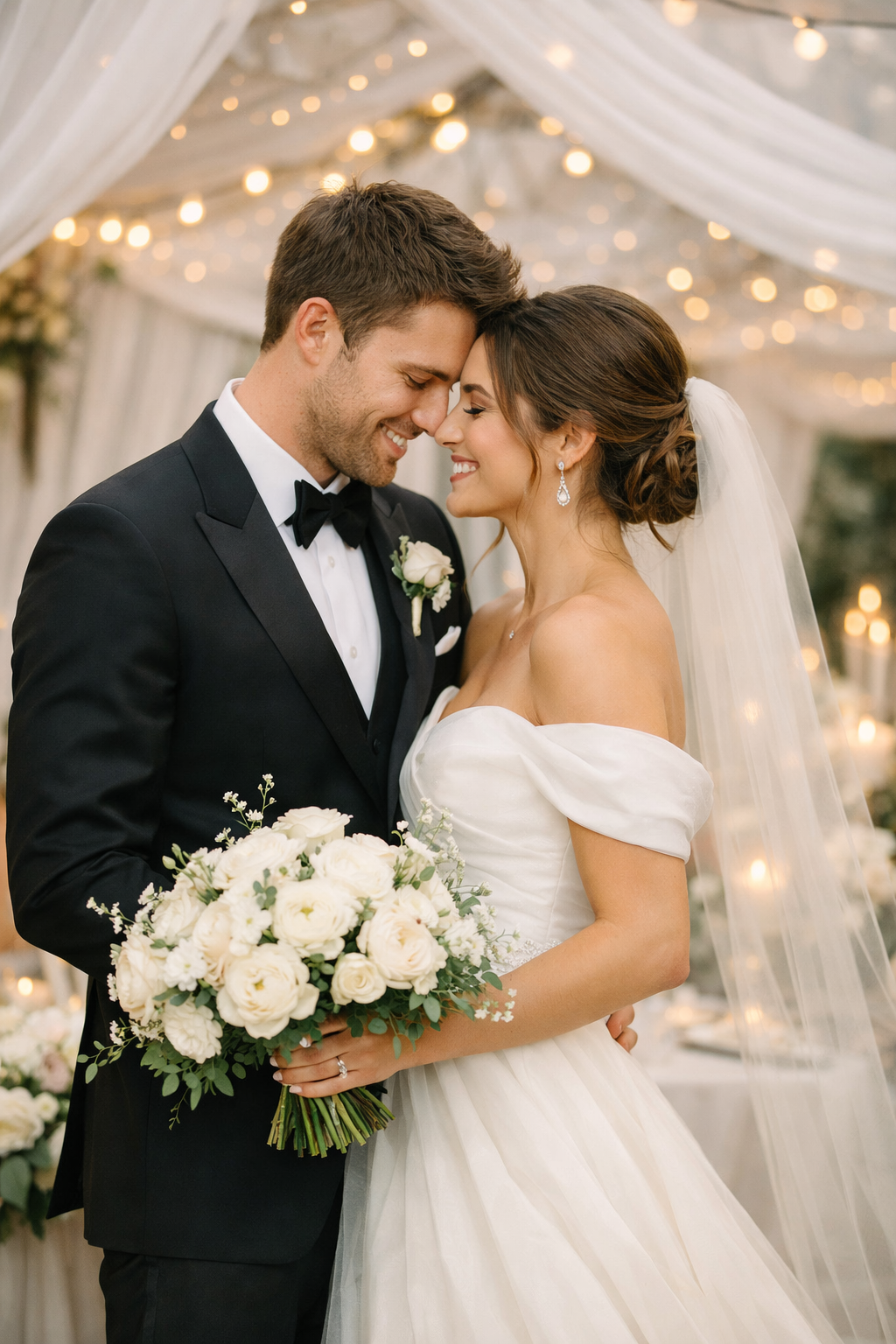 A couple smiling at each other under flowing drapery accents and soft lighting.