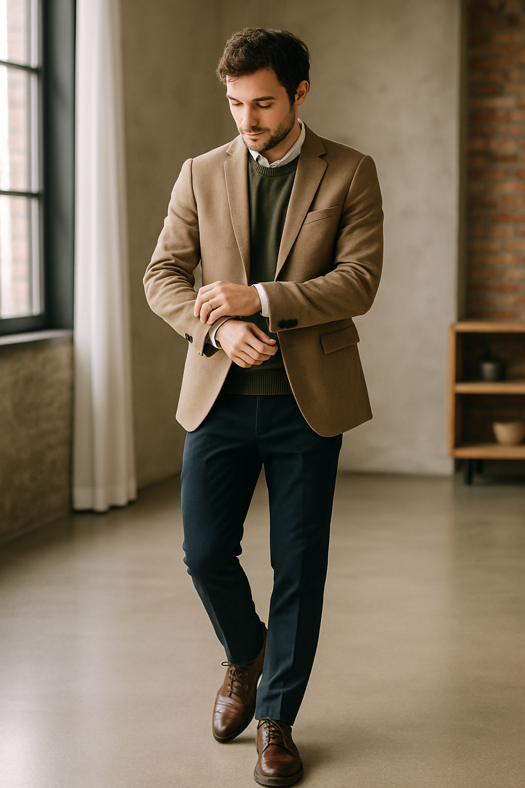 A man in a brown blazer and green sweater, wearing brown dress shoes, standing in a modern interior.