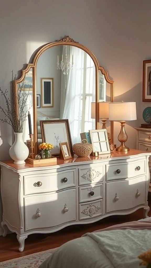 Chic dresser with mirrors in a romantic academia bedroom