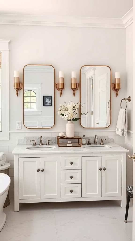 Chic dual vanity bathroom with mirrored accents and elegant fixtures