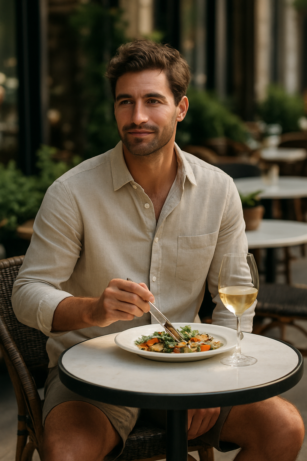 A man enjoying a meal at a cafe, wearing a beige linen shirt and shorts, with a glass of white wine on the table.