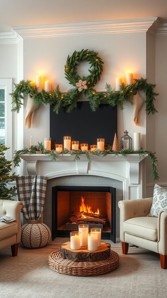 A cozy fireplace display with greenery, candles, and comfortable seating.