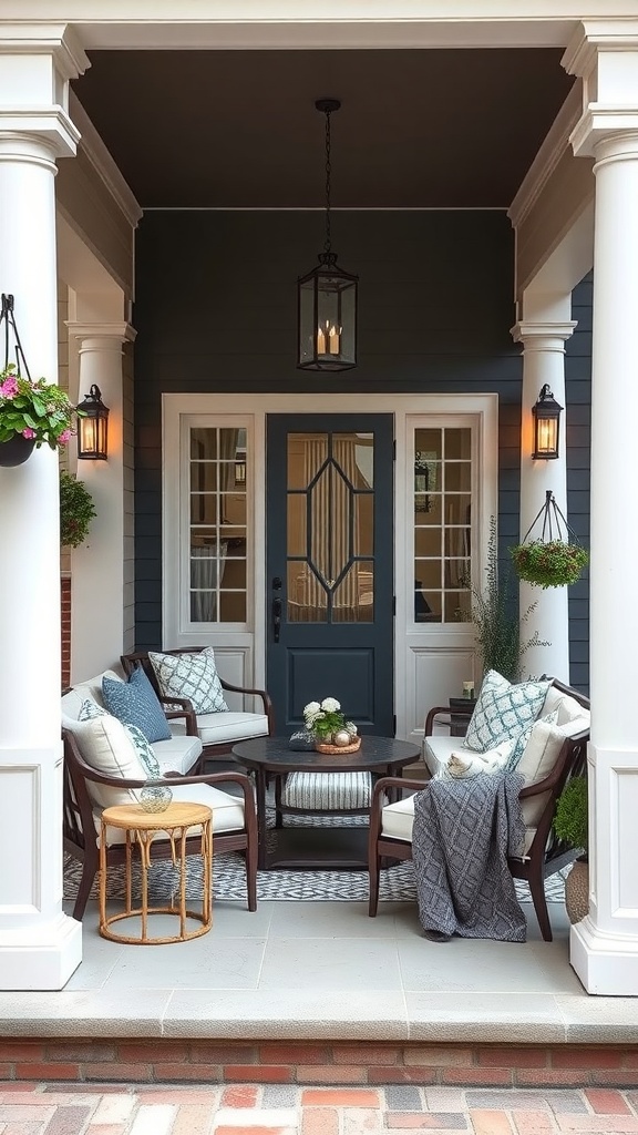 A chic porch with comfortable seating, a round coffee table, and decorative plants.