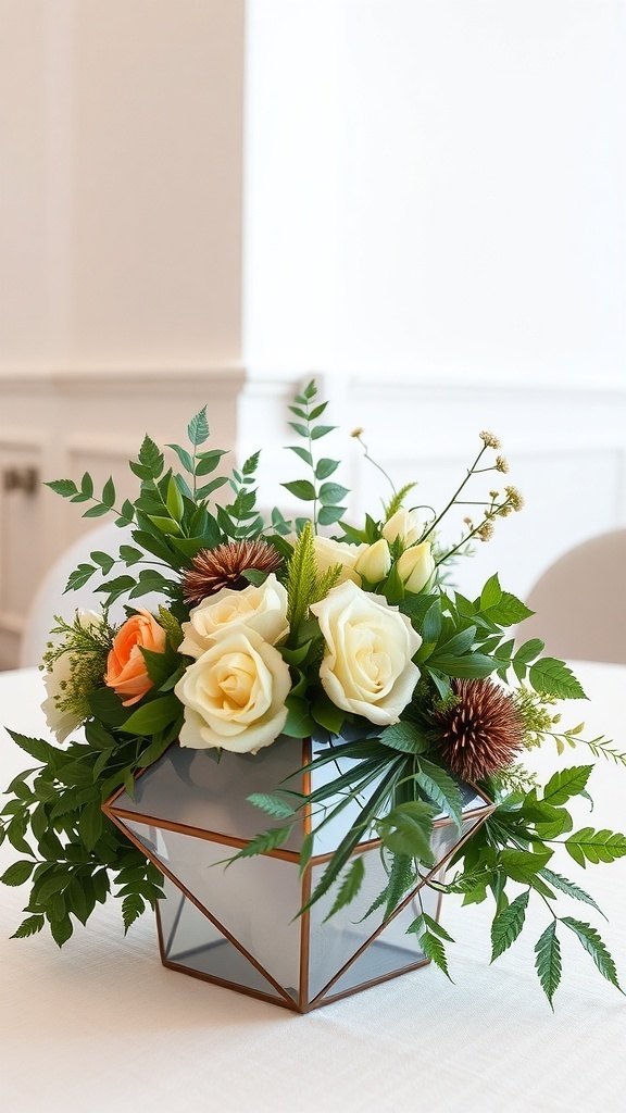 A chic geometric centerpiece made of roses and greenery in a geometric vase.