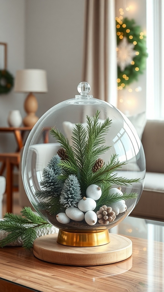 Chic glass terrarium with holiday greens and decorations on a coffee table