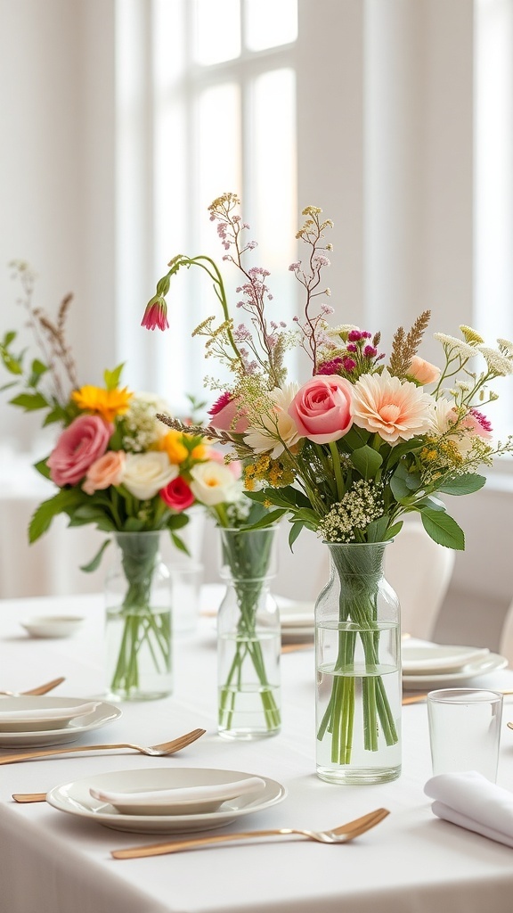 Chic glass vases with seasonal blooms on a dining table