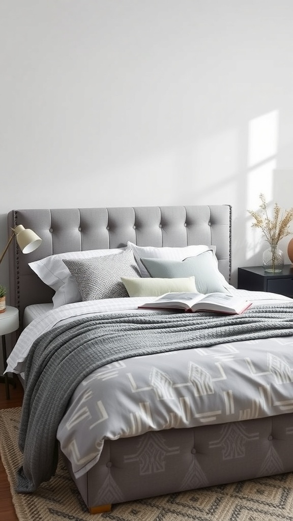 A stylish grey and white bedroom with a tufted grey headboard, layered bedding, and a bedside table.