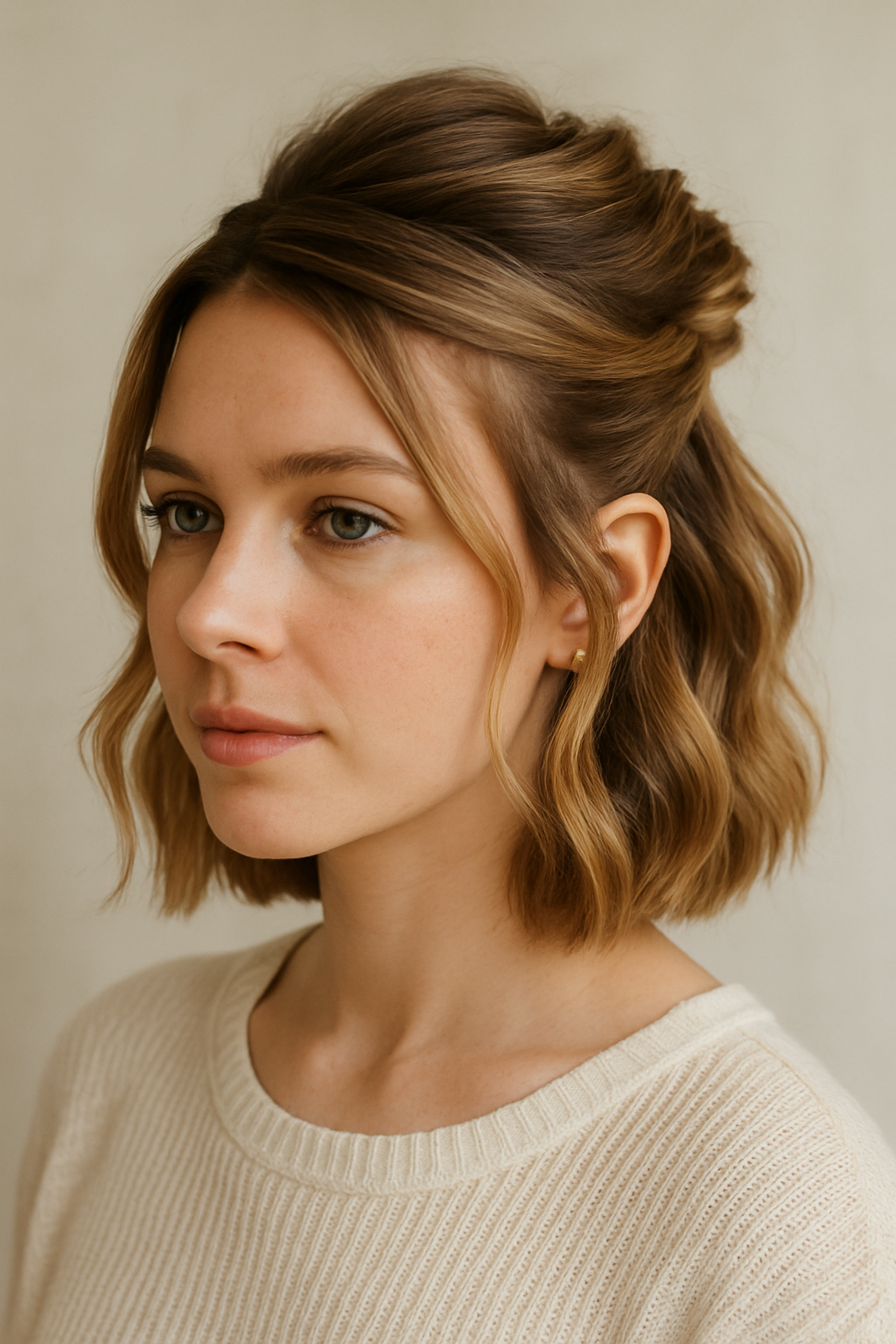 A woman with short hair styled in a chic half-up, half-down hairstyle, featuring soft waves and a natural look.