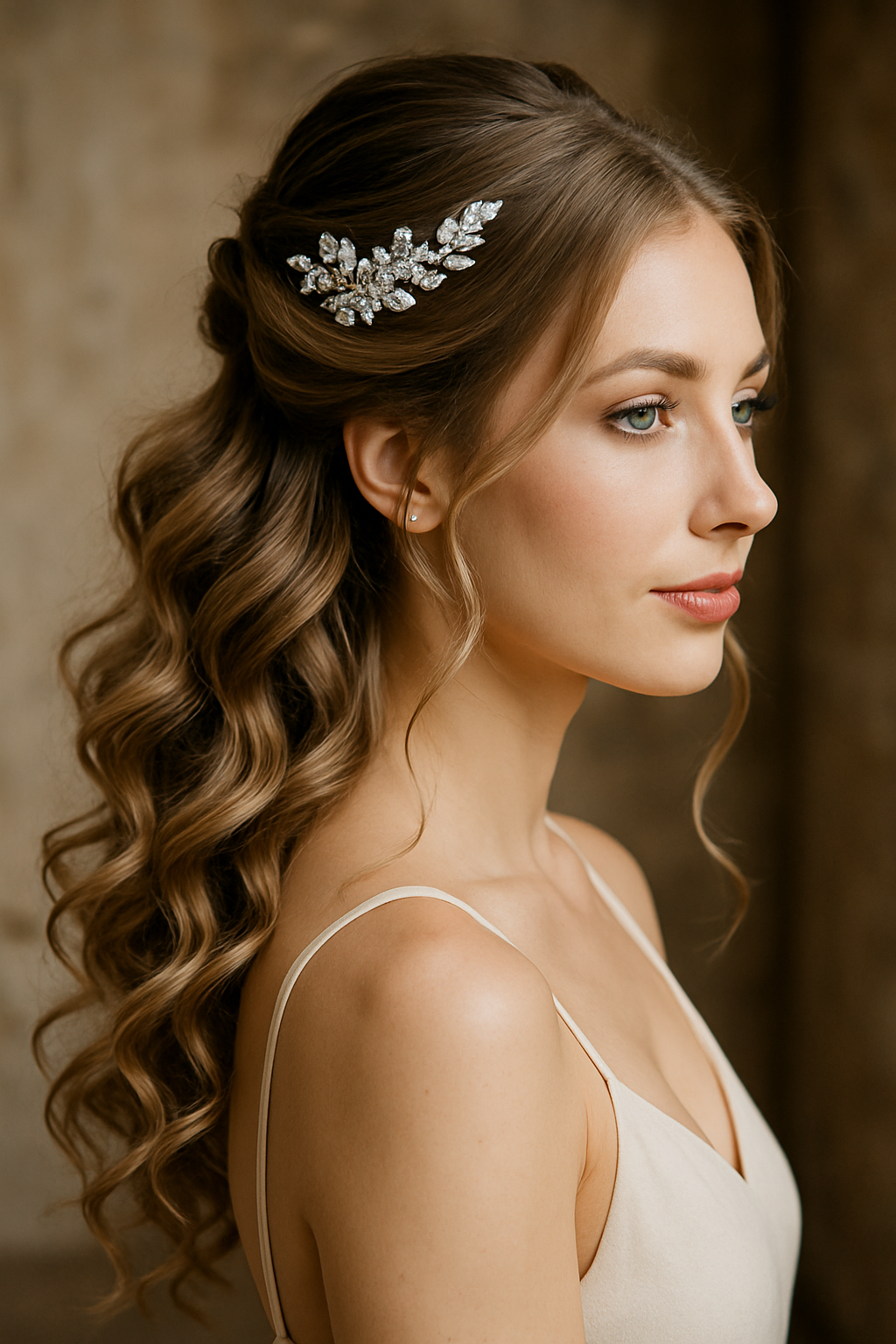A woman with a chic half-up half-down hairstyle featuring soft waves and a sparkling hair accessory.