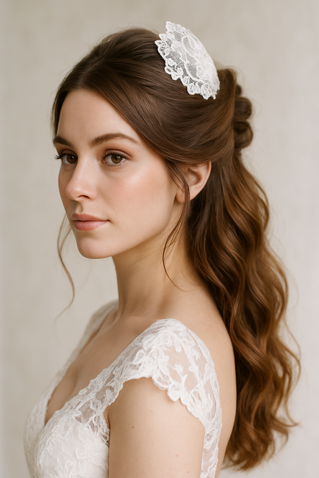 A woman with a half-up half-down hairstyle adorned with a lace fascinator.