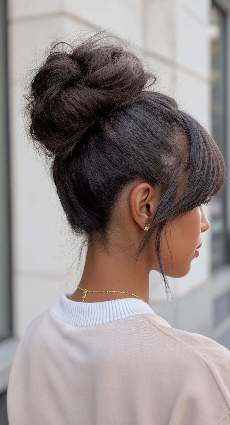 A woman with a chic high bun hairstyle and side bangs, showcasing a stylish look suitable for bridesmaids.