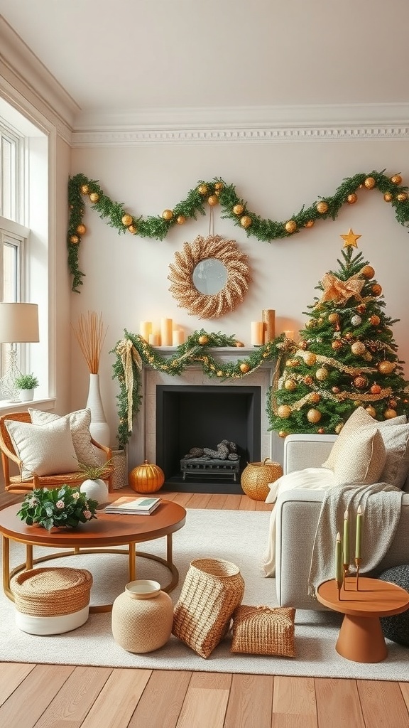 A cozy winter living room decorated for the holidays with a Christmas tree, garland, and warm accents.