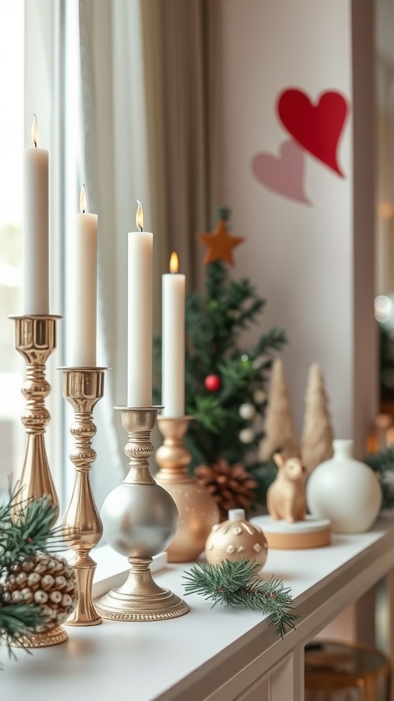 Elegant holiday decor featuring golden candle holders, white candles, ornaments, and a small Christmas tree.