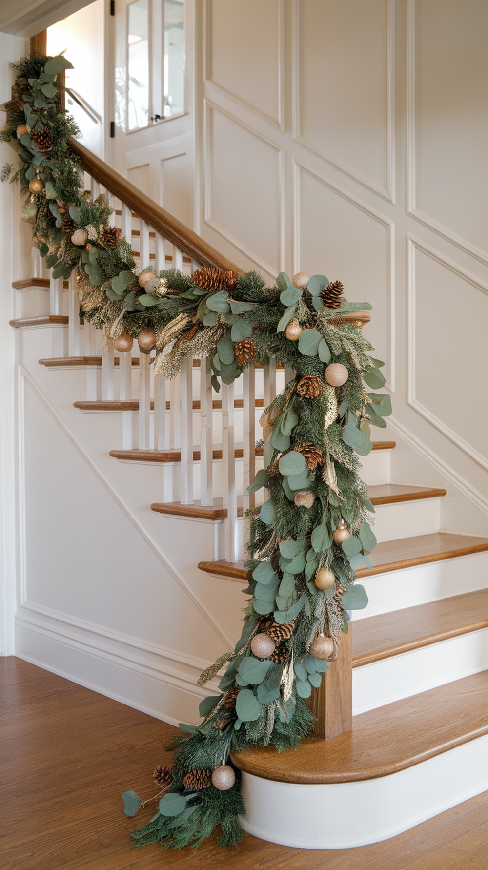 A beautifully decorated garland on a staircase with greenery, pinecones, and gold ornaments.
