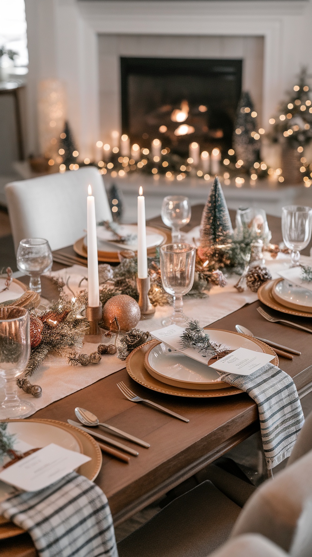 A beautifully set holiday dining table with candles, decorative trees, and elegant tableware.