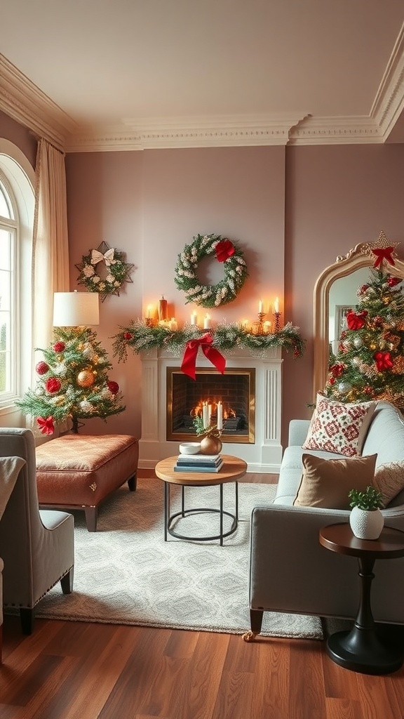 A cozy living room decorated for Christmas with two trees, wreaths, and a fireplace.