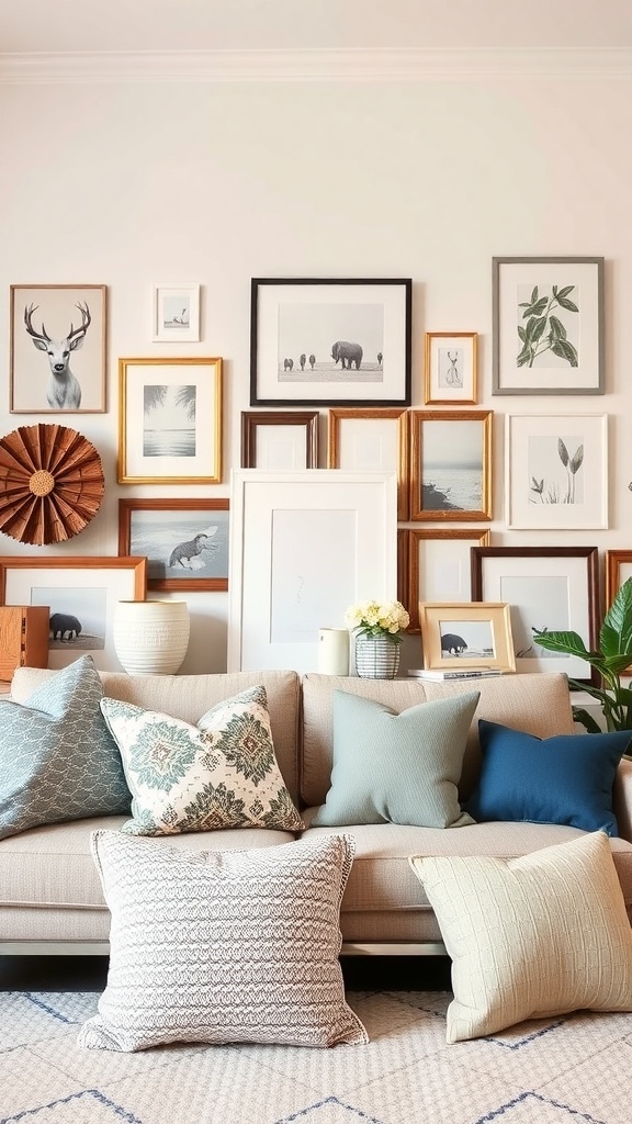 A cozy living room featuring decorative pillows on a sofa with a gallery wall of framed artwork in the background.