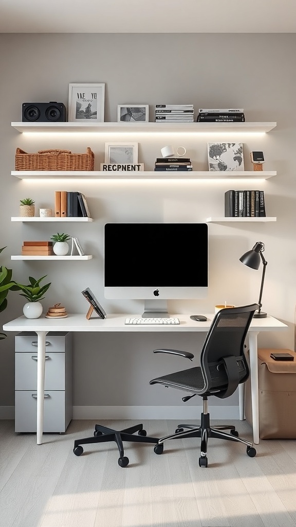 A modern home office setup featuring a desk, ergonomic chair, and decorative shelves.