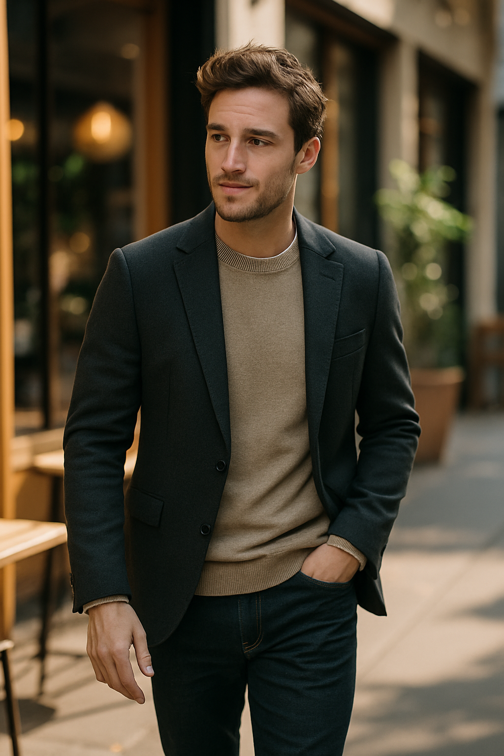 A stylish man in a blazer and sweater walking down a city street, representing a chic jeans and blazer combo for date night.