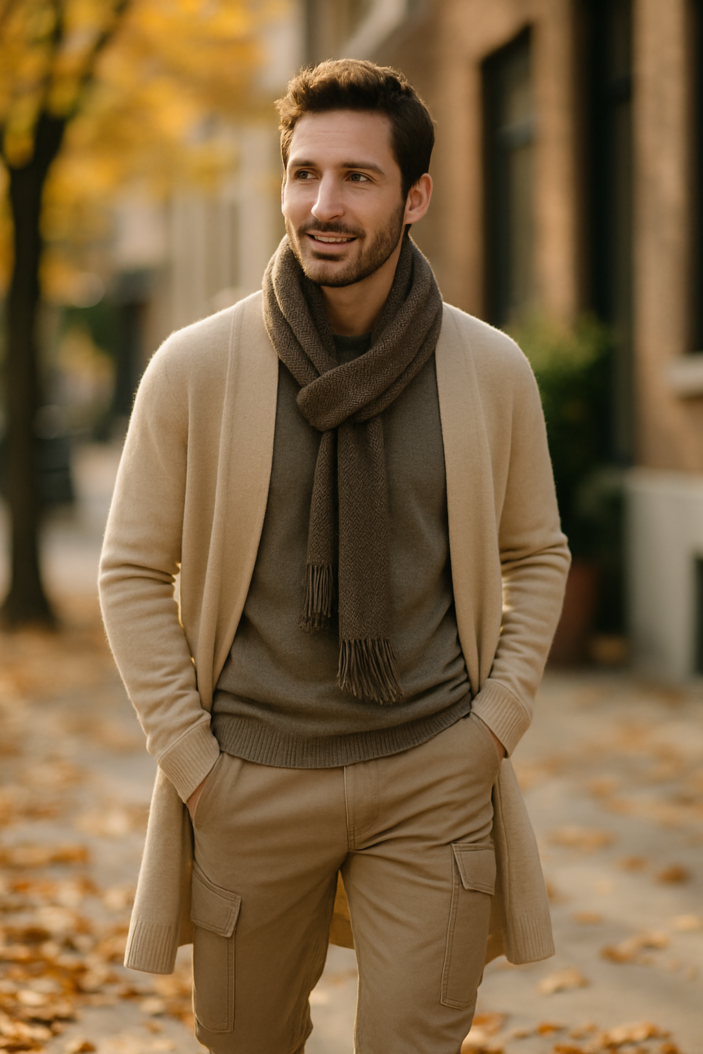A man wearing beige cargo pants, a brown sweater, and a beige cardigan with a brown scarf, smiling outdoors in autumn.