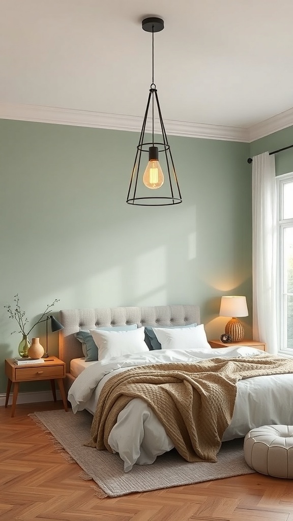 A stylish light green bedroom featuring a pendant light and a cozy bed with soft bedding.