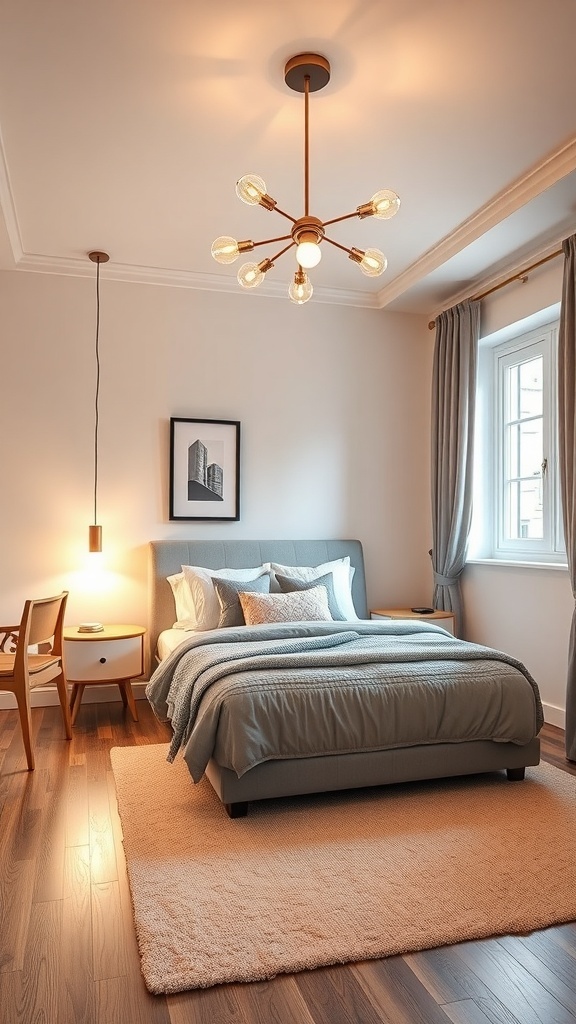 A stylish pre-teen bedroom featuring a modern chandelier and pendant light.