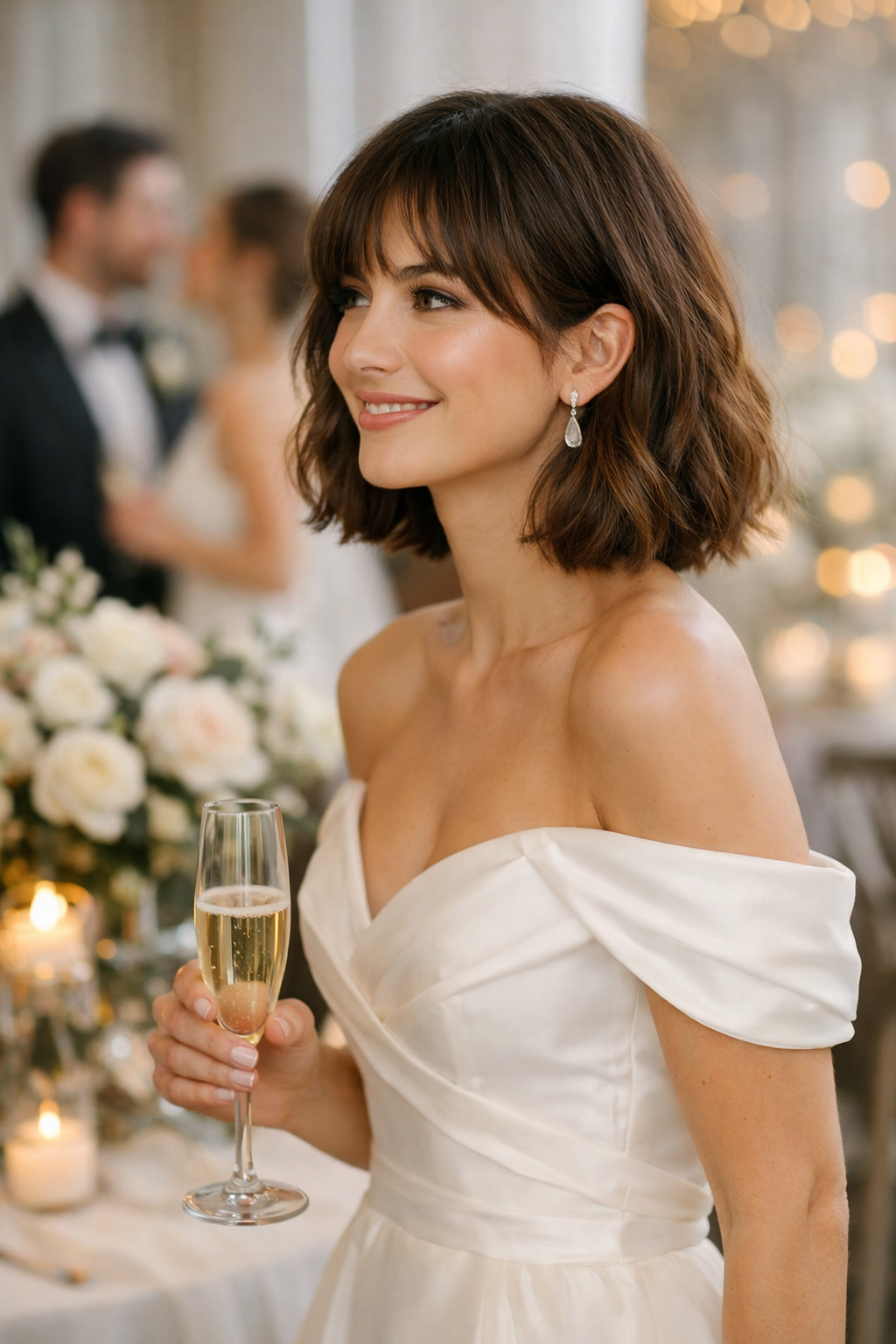 A woman with a chic lob hairstyle and subtle bangs, wearing a white off-shoulder dress and holding a champagne glass at a wedding.