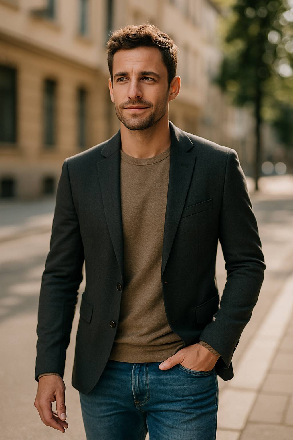 A man wearing a fitted blazer over a sweater, standing casually on a street.