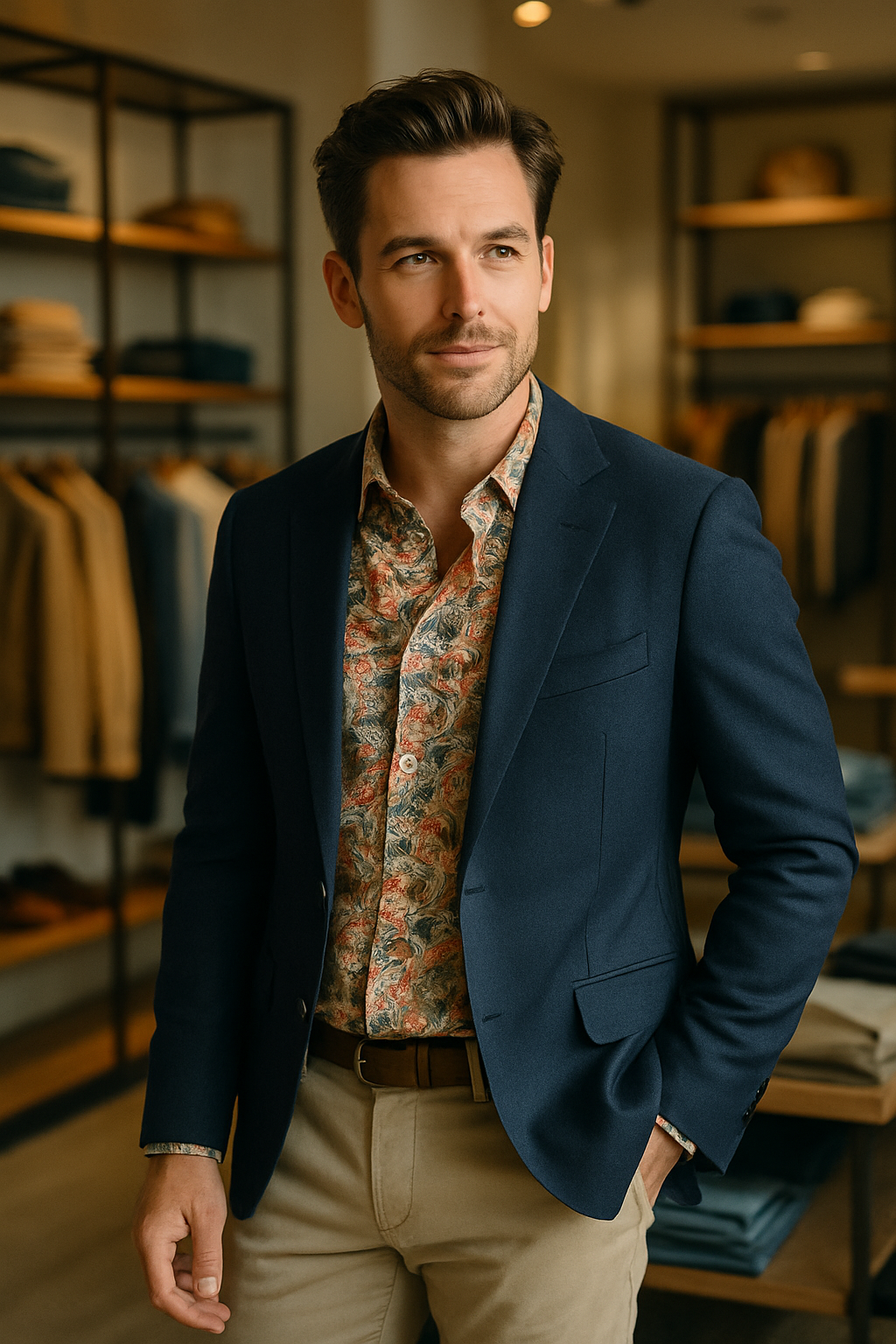 A man wearing a navy blue blazer over a printed shirt, looking stylish and confident.